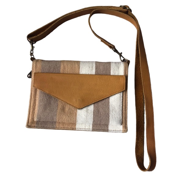 SutiSana Crossbody Organizer Color Sepia Wool Leather Zipper Bag Yellow Stripe - Picture 2 of 16